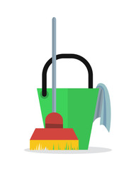 Wall Mural - Cleaning Web Banner. Bucket with Duster and Broom