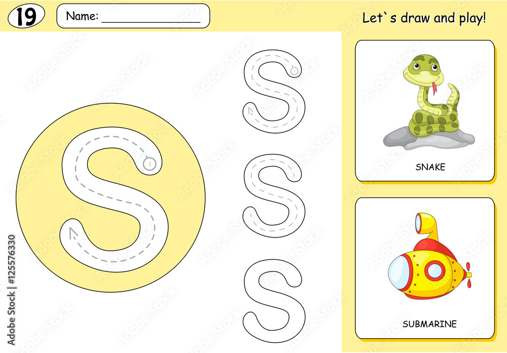 Cartoon snake and submarine. Alphabet tracing worksheet: writing Stock ...