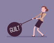 Businesswoman dragging a giant heavy weight on chain, written Guilt on a ball. Cartoon vector flat-style concept illustration