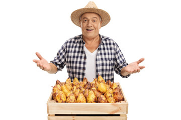 Canvas Print - Cheerful farmer with crate full of pears and gesturing