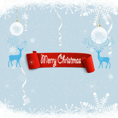 Sticker - Happy New Year and Merry Christmas. Red realistic ribbon on snowy background. Merry Christmas greeting. Holiday card, banner. Ball on the golden ribbon. White confetti.