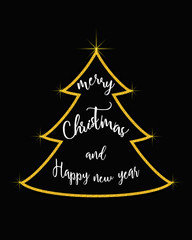 Poster - Merry Christmas and Happy New Year littering on christmas gold tree ans stars. Merry Christmas ans Happy New Year card design vector eps.10
