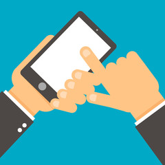 Poster - Hand holds smartphone, finger touch screen.