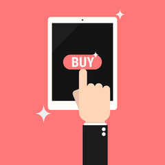 Poster - Internet shopping concept. Hand pulling buy button on tablet. Th