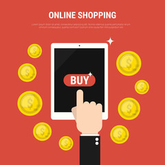Poster - Internet shopping concept. Hand pulling buy button on tablet. Th