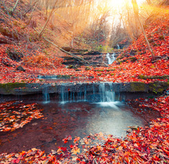 Beautiful view of the pure water waterfall in autumn woodland.