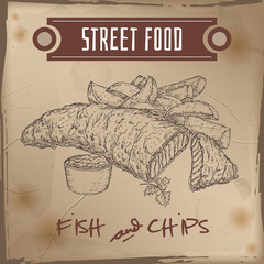 Fish and chips sketch on grunge background.