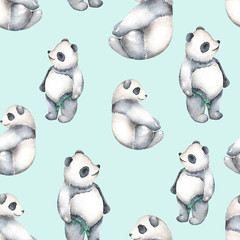 Wall Mural - Seamless pattern with watercolor pandas, hand drawn isolated on a blue background