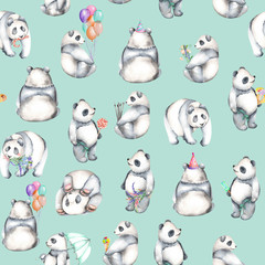 Wall Mural - Seamless pattern with watercolor pandas, hand drawn isolated on a blue background