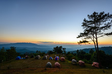 Huay Nam Dang National Park View Point At Sunset With Camping Tents, Chiang Mai, Thailand