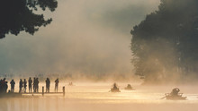 Morning In Pang Ung Lake,North Of Thailand, Is A Tourist Place Where People Come To Vacation In The Winter. Because Of The Large Reservoir The Cold Causes Steam To Rise Above The Surface.