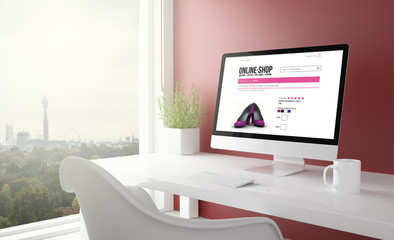 Poster - red studio with online shop computer