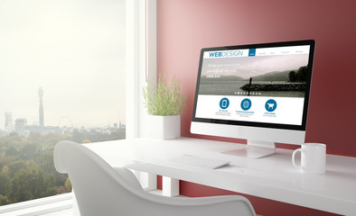 Poster - red studio with web design computer
