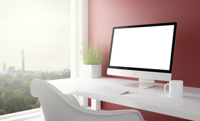 Poster - red studio with blank screen computer