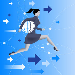 Wall Mural - Responsible business concept. Confident business woman in business suit runs holding a globe under her arm as symbol of business power and responsibility. Vector illustration