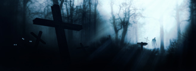 Wall Mural - dark horror forest gravestone background.