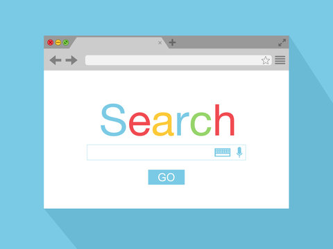 Flat style browser window on cyan background. Search engine. Vector stock illustration