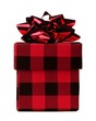 Red and black plaid patterned Christmas gift box with shiny bow isolated on a white background