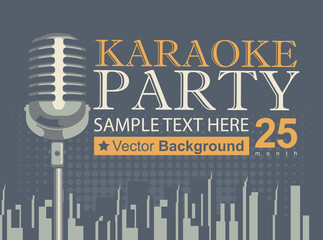 Banner with microphone for karaoke parties over modern city background