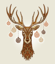 Decorative Christmas Deer With Ornament And Decoration Balls On Antlers