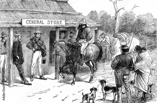 Fotografía Settlers Queensland. Store tasting, vintage engraving.