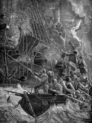 Wall Mural - loss of acteon. they set fire to the ship, vintage engraving.