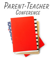 Canvas Print - Stack of notebooks with text PARENT-TEACHER CONFERENCE on white background. School concept.