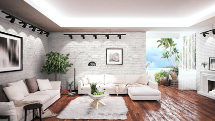 Modern bright interior . 3D rendering