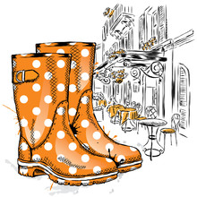 Rubber Boots On A Background Of A City Street. Vector Illustration For Greeting Card, Poster, Or Print On Clothes. Fashion & Style. Vintage Drawing.