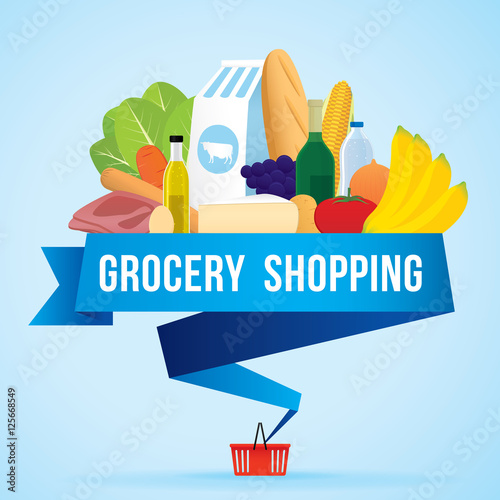 Fotografía Vector illustration of grocery shopping banner with various of goods
