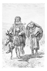 Mountaineer and Wife in Nablus in West Bank, Israel, vintage eng