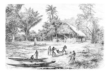 Wall Mural - Natives Transporting a Wounded Olori Using a Stretcher in Oiapoq