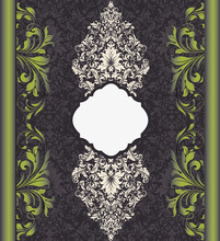Vintage Invitation Card With Ornate Elegant Retro Abstract Floral Design, White And Android Green Flowers And Leaves On Gray And Black Background With Borders. Vector Illustration.