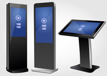 Set Of Promotional Interactive Information Kiosk, Advertising Display, Terminal Stand, Touch Screen Display. Mock Up Template.