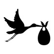 silhouette of stork holding a baby basket icon over white background. vector illustration
