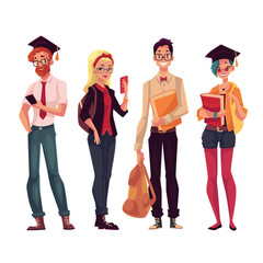 Wall Mural - group of full height college, university students with books and phones, cartoon style illustration 