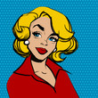 Pop art blonde woman face with red lips. Comic woman. Vector illustration on a blue dotted background.