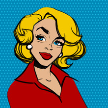 Pop Art Blonde Woman Face With Red Lips. Comic Woman. Vector Illustration On A Blue Dotted Background.