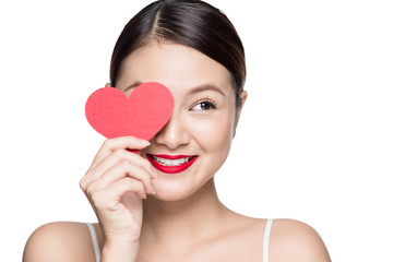 Sticker - Cute attractive young woman with red heart. Valentine's day art