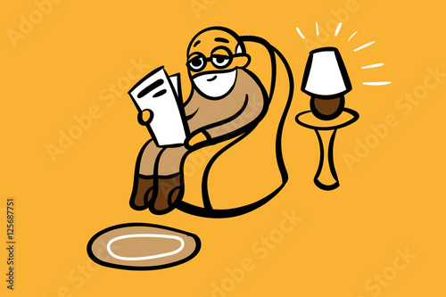 Old Man Sitting In Rocking Chair And Reading Newspaper Vector