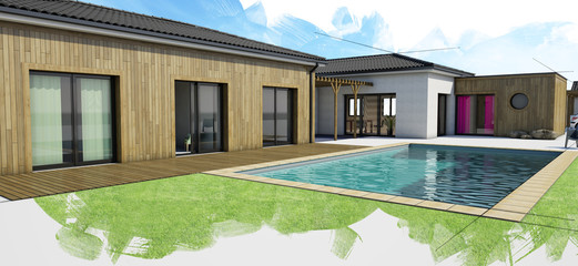 modern house with pool, exterior view, 3d rendering