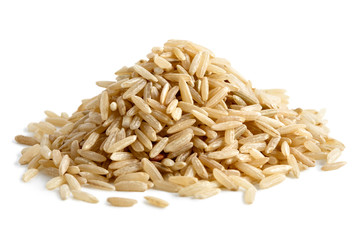 pile of long grain brown rice isolated on white.