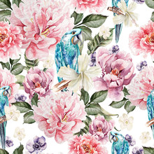 Watercolor Colorful Pattern With Flowers Peony, Anemone And A Parrot. Illustrations