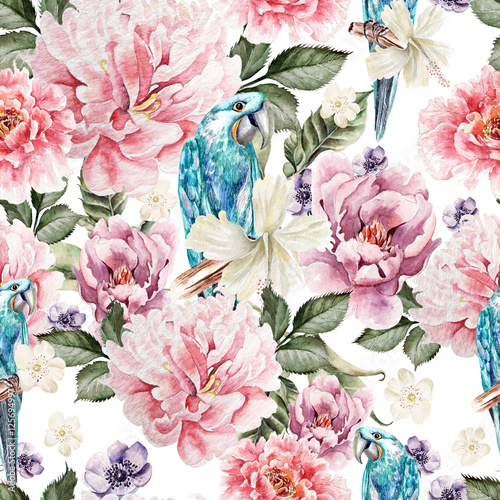 watercolor-colorful-pattern-with-flowers-peony-anemone-and-a-parrot-illustrations