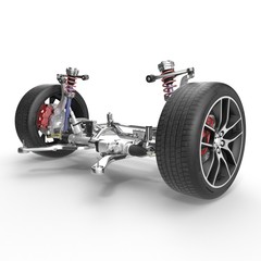 Wall Mural - Front suspension with wheel of drive car. New tire. On white. 3D illustration