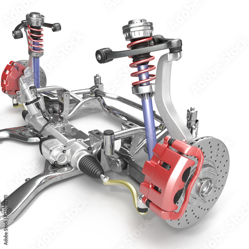 Fotografía Front axle with suspension and absorber on white. 3D illustration