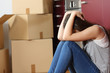 Sad evicted woman worried moving house
