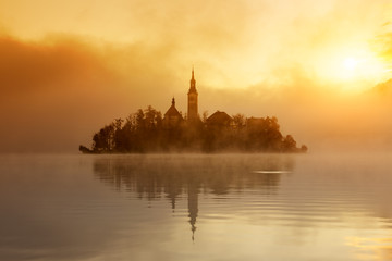 Poster - Amazing sunrise at the lake Bled in autumn, Slovenia