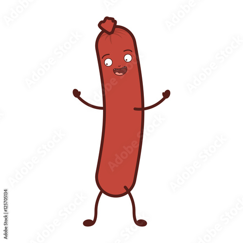 cartoon sausage with happy expression face icon over white background