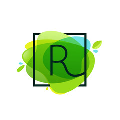 R letter logo in square frame at green watercolor splash backgro